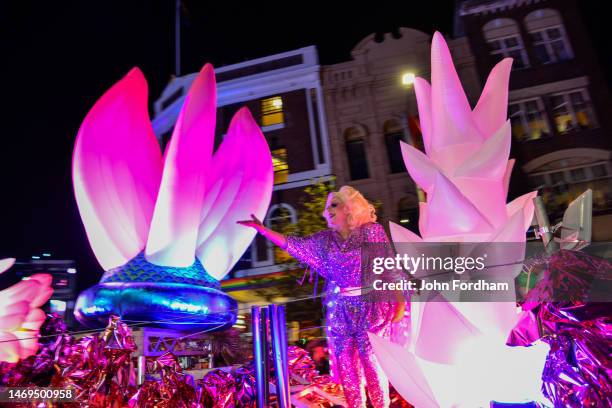 Drag queen sings from float during the Sydney Gay & Lesbian Mardi Gras Parade as part of Sydney WorldPride on February 25, 2023 in Sydney, Australia....