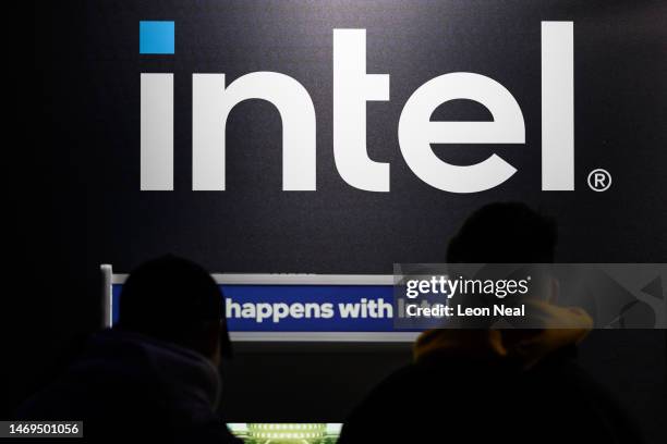 The Intel logo is seen as Esport competitors take part in a gaming tournament at the Epic.Lan 38 event on February 25, 2023 in Kettering, England....