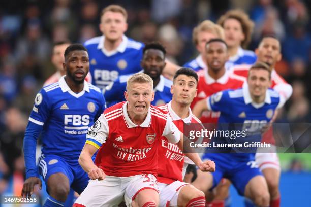 Oleksandr Zinchenko of Arsenal reacts during the Premier League match between Leicester City and Arsenal FC at The King Power Stadium on February 25,...