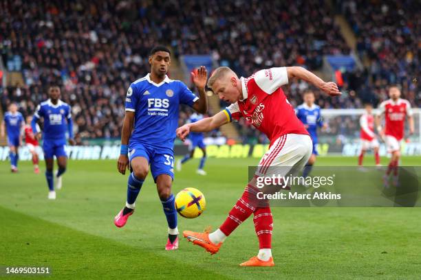 Oleksandr Zinchenko of Arsenal controls the ball during the Premier League match between Leicester City and Arsenal FC at The King Power Stadium on...