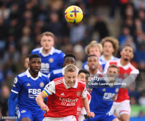 Oleksandr Zinchenko of Arsenal controls the ball during the Premier League match between Leicester City and Arsenal FC at The King Power Stadium on...