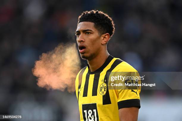 Jude Bellingham of Borussia Dortmund looks on during the Bundesliga match between TSG Hoffenheim and Borussia Dortmund at PreZero-Arena on February...