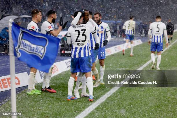Marco Richter of Hertha BSC celebrates with team matesafter scoring their sides first goal during the Bundesliga match between Hertha BSC and FC...