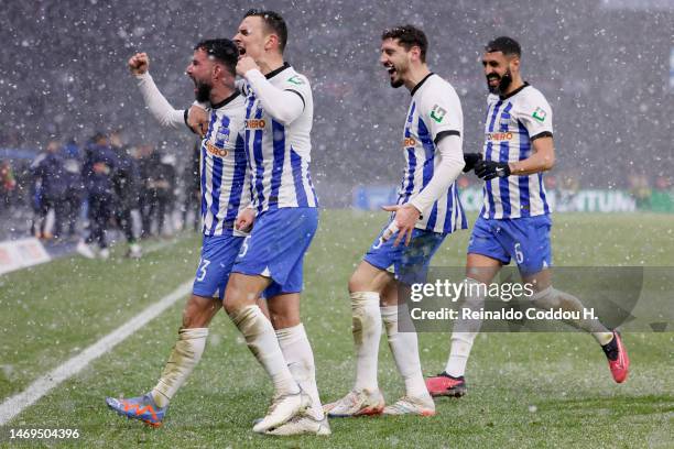 Marco Richter of Hertha BSC celebrates with team mates after scoring their sides first goal during the Bundesliga match between Hertha BSC and FC...