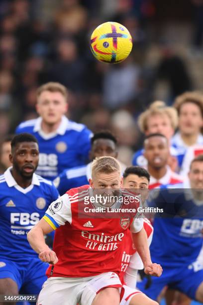 Oleksandr Zinchenko of Arsenal controls the ball during the Premier League match between Leicester City and Arsenal FC at The King Power Stadium on...