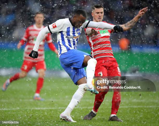 Dodi Lukebakio of Hertha BSC scores their sides second goal during the Bundesliga match between Hertha BSC and FC Augsburg at Olympiastadion on...