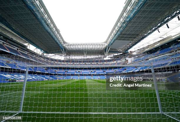 General view inside the stadium prior to the LaLiga Santander match between Real Madrid CF and Atletico de Madrid at Estadio Santiago Bernabeu on...