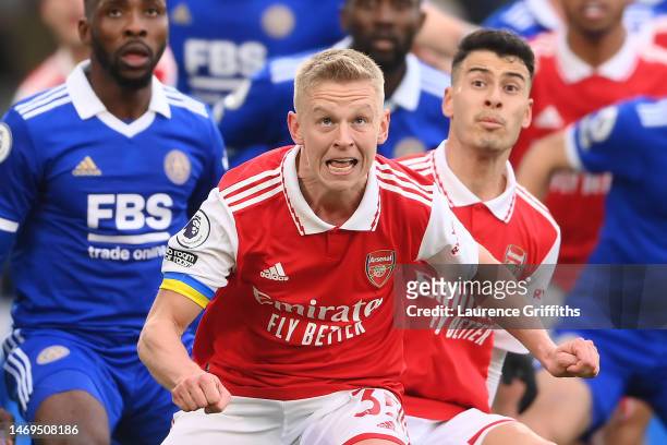 Oleksandr Zinchenko of Arsenal reacts during the Premier League match between Leicester City and Arsenal FC at The King Power Stadium on February 25,...