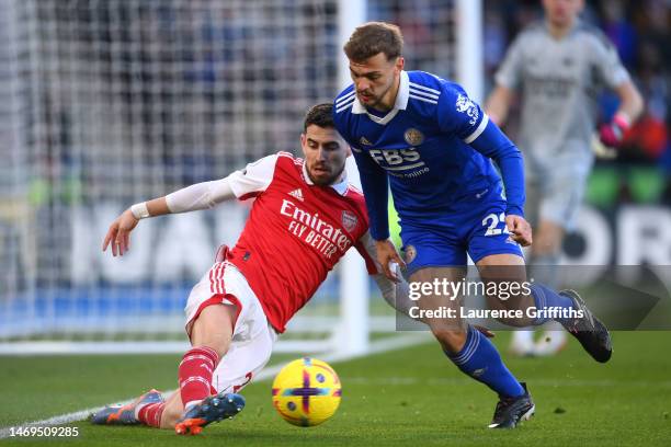 Jorginho of Arsenal battles for possession with Kiernan Dewsbury-Hall of Leicester City during the Premier League match between Leicester City and...