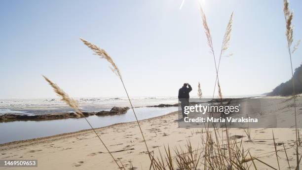 rear view of a silhouette of a person leaving along the coastline in spring - estland stockfoto's en -beelden