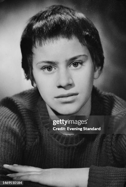 Headshot of British actress Rita Tushingham wearing a knitted crew neck sweater, United Kingdom, 1961.