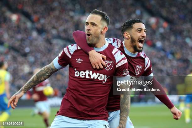 Danny Ings of West Ham United celebrates after scoring their sides second goal during the Premier League match between West Ham United and Nottingham...