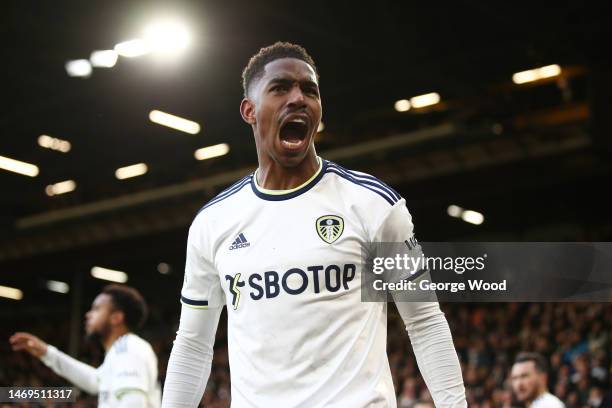 Junior Firpo of Leeds United celebrates after scoring their sides first goal during the Premier League match between Leeds United and Southampton FC...