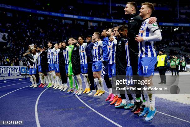 Hertha BSC celebrate victory after the Bundesliga match between Hertha BSC and FC Augsburg at Olympiastadion on February 25, 2023 in Berlin, Germany.