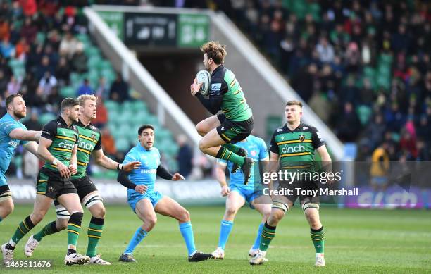 James Ramm of Northampton Saints gathers a high ball during the Gallagher Premiership Rugby match between Northampton Saints and Gloucester Rugby at...