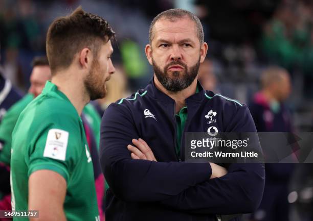 Ross Byrne speaks with Andy Farrell, Head Coach of Ireland, after the Six Nations Rugby match between Italy and Ireland at Stadio Olimpico on...