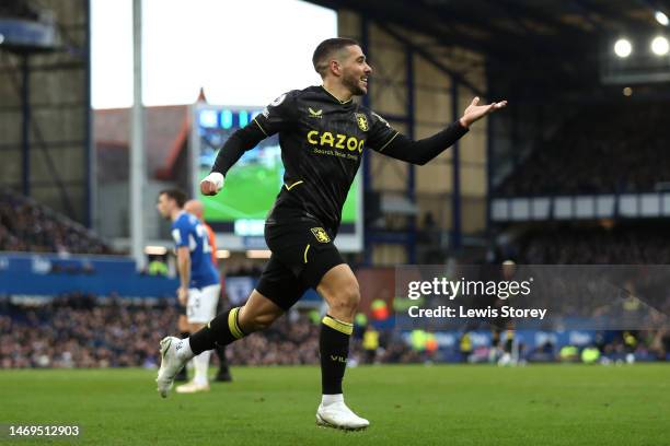 Emi Buendia of Aston Villa celebrates after scoring the team's second goal during the Premier League match between Everton FC and Aston Villa at...