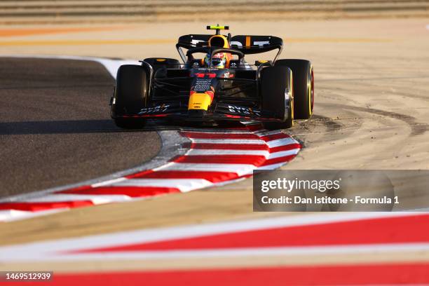 Sergio Perez of Mexico driving the Oracle Red Bull Racing RB19 on track during day three of F1 Testing at Bahrain International Circuit on February...