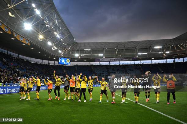General view as players of Borussia Dortmund celebrate in front of their fans after the Bundesliga match between TSG Hoffenheim and Borussia Dortmund...
