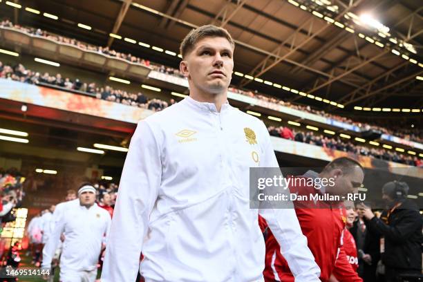 Owen Farrell of England leads the team out prior to the Six Nations Rugby match between Wales and England at Principality Stadium on February 25,...