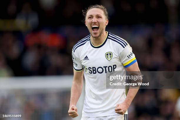 Luke Ayling of Leeds United celebrates victory after the Premier League match between Leeds United and Southampton FC at Elland Road on February 25,...