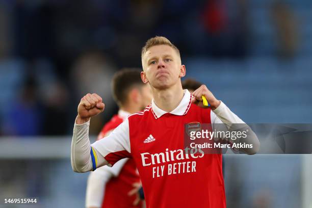 Oleksandr Zinchenko of Arsenal celebrates victory after the Premier League match between Leicester City and Arsenal FC at The King Power Stadium on...