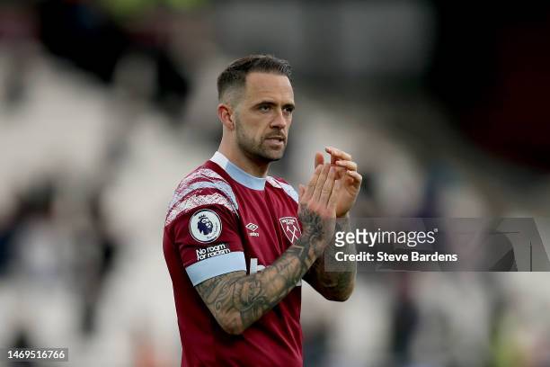 Danny Ings of West Ham United applauds fans after the Premier League match between West Ham United and Nottingham Forest at London Stadium on...