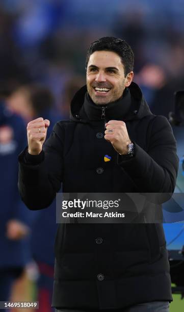 Mikel Arteta, Manager of Arsenal, celebrates victory after the Premier League match between Leicester City and Arsenal FC at The King Power Stadium...