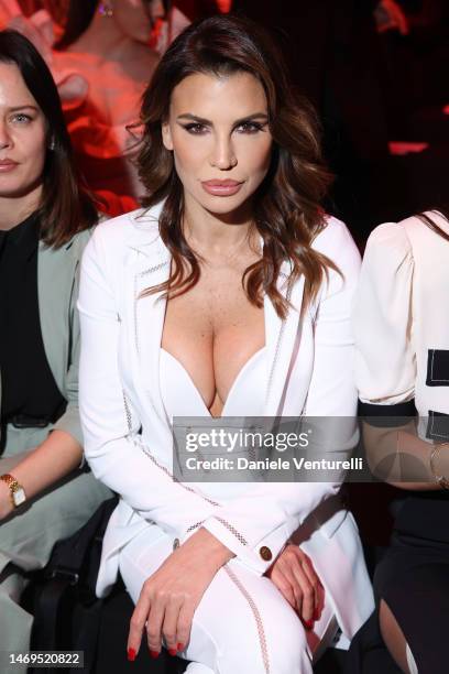 Claudia Galanti is seen on the front row of the Elisabetta Franchi fashion show during the Milan Fashion Week Womenswear Fall/Winter 2023/2024 on...
