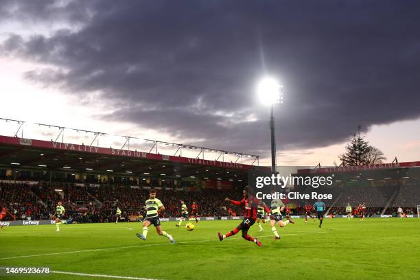 General view inside the stadium as Jordan Zemura of AFC Bournemouth controls the ball during the Premier League match between AFC Bournemouth and...