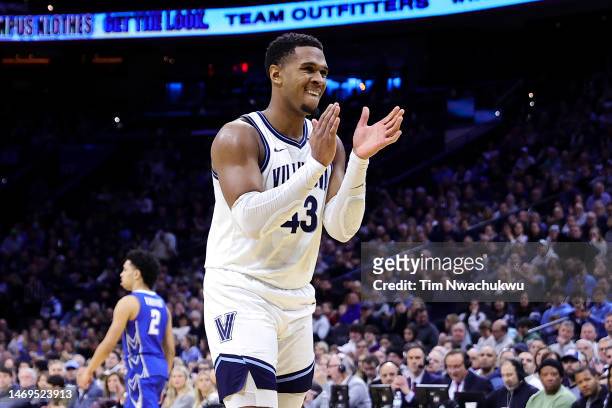 Eric Dixon of the Villanova Wildcats reacts during the first half against the Creighton Bluejays at Wells Fargo Center on February 25, 2023 in...