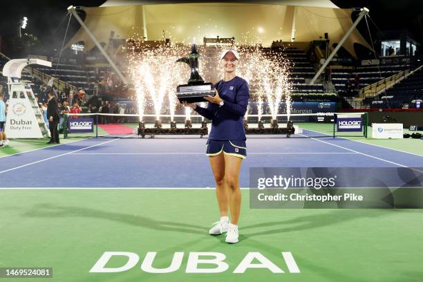 Barbora Krejcikova of Czech Republic celebrates with the trophy after defeating Iga Swiatek of Poland during the Women's Singles Final match on day...