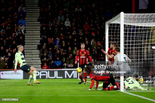 Erling Haaland of Manchester City scores their sides second goal during the Premier League match between AFC Bournemouth and Manchester City at...