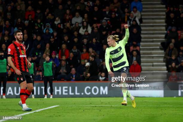 Erling Haaland of Manchester City celebrates after scoring their sides second goal during the Premier League match between AFC Bournemouth and...