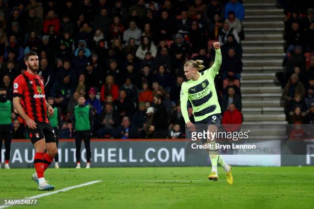 Erling Haaland of Manchester City celebrates after scoring their sides second goal during the Premier League match between AFC Bournemouth and...