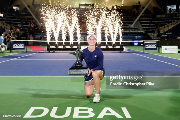 Barbora Krejcikova of Czech Republic celebrates with the trophy after defeating Iga Swiatek of Poland during the Women's Singles Final match on day...