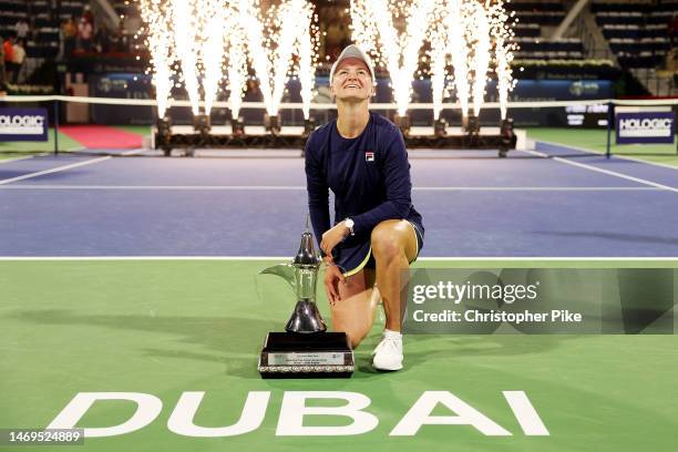 Barbora Krejcikova of Czech Republic celebrates with the trophy after defeating Iga Swiatek of Poland during the Women's Singles Final match on day...