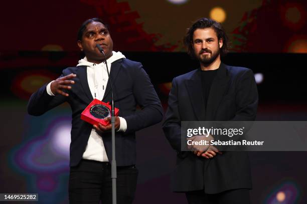 Derik Lynch and Matthew Thorne speak on stage after winning Silver Bear Jury Prize for Marungka Tjalatjunu at the award ceremony of the 73rd...