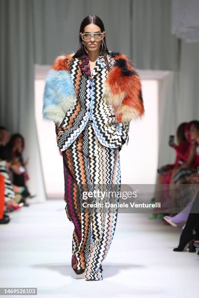 Model walks the runway at the Missoni fashion show during the Milan Fashion Week Womenswear Fall/Winter 2023/2024 on February 25, 2023 in Milan,...