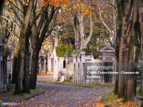 old funeral chapels under the trees in autumn and a paved path at the pere lachaise cemetery - cemetery stock pictures, royalty-free photos & images