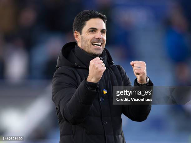 Arsenal manager Mikel Arteta celebrates to fans following the Premier League match between Leicester City and Arsenal FC at The King Power Stadium on...