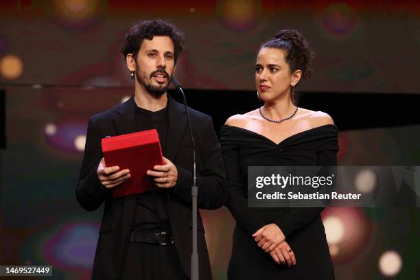 Leandro Koch and Paloma Schachmann speak on stage after winning the GWFF Best First Feature Award for "The Klezmer Project" at the award ceremony of...