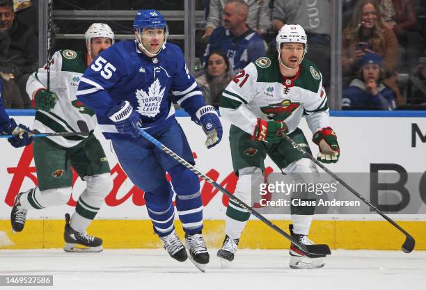 Mark Giordano of the Toronto Maple Leafs skates against the Minnesota Wild during an NHL game at Scotiabank Arena on February 24, 2023 in Toronto,...