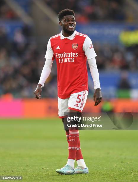 Thomas Partey of Arsenal during the Premier League match between Leicester City and Arsenal FC at The King Power Stadium on February 25, 2023 in...