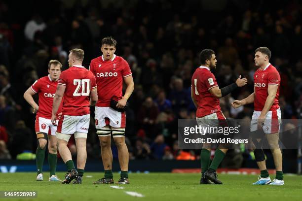 Players of Wales look dejected following defeat during the Six Nations Rugby match between Wales and England at Principality Stadium on February 25,...