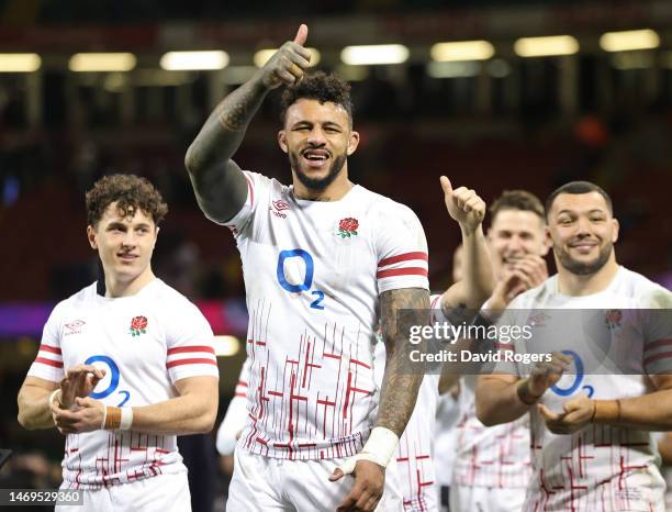 Courtney Lawes of England acknowledges the fans after the Six Nations Rugby match between Wales and England at Principality Stadium on February 25,...