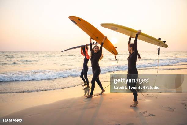 group of female surfers walking on the beach - deporte acuático fotografías e imágenes de stock