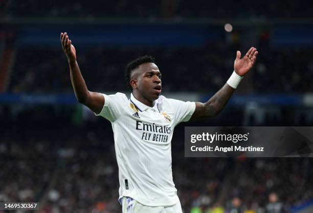 Vinicius Junior of Real Madrid reacts during the LaLiga Santander match between Real Madrid CF and Atletico de Madrid at Estadio Santiago Bernabeu on...