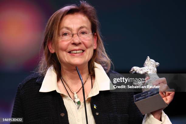 Helene Louvart speaks on stage after winning the Silver Bear for an Outstanding Artistic Contribution for the cinematography of the film "Disco Boy"...