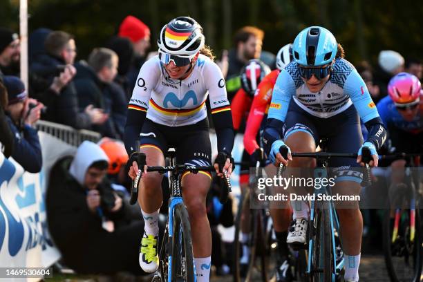 Liane Lippert of Germany and Movistar Team and Elisa Longo Borghini of Italy and Team Trek – Segafredo compete during the 18th Omloop Het Nieuwsblad...